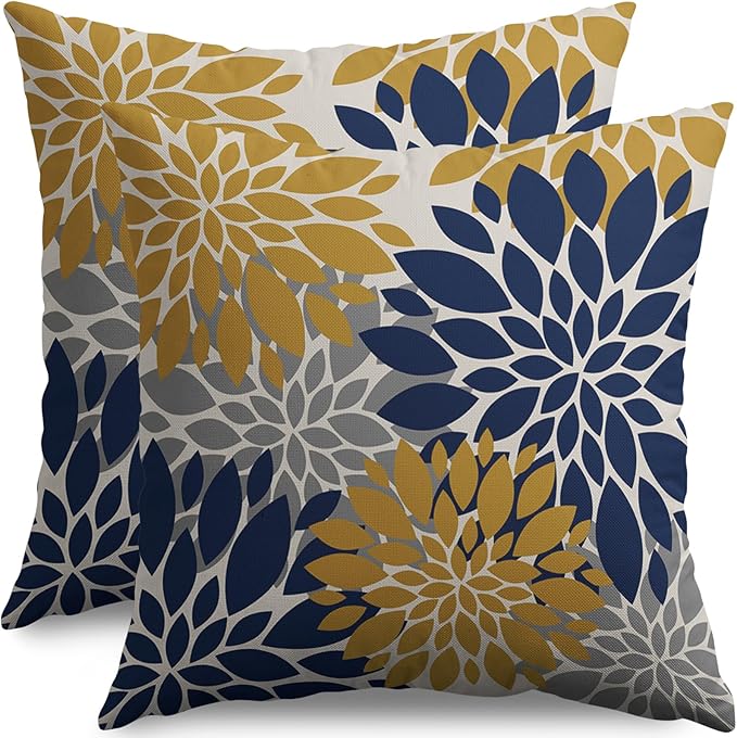 Navy Blue Yellow Pillow Covers 20X20 Inch Set of 2, Modern Geometry Dahlia Floral Print Decorative Throw Pillow Covers Outdoor Farmhouse Cushion Case for Home Couch Sofa Bed Decoration