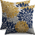 Navy Yellow Gray Grey Pillow Covers 22X22 Inch Set of 2, Modern Dahlia Floral Print Decorative Throw Pillow Covers Outdoor Farmhouse Cushion Case for Home Couch Sofa Bed Decoration