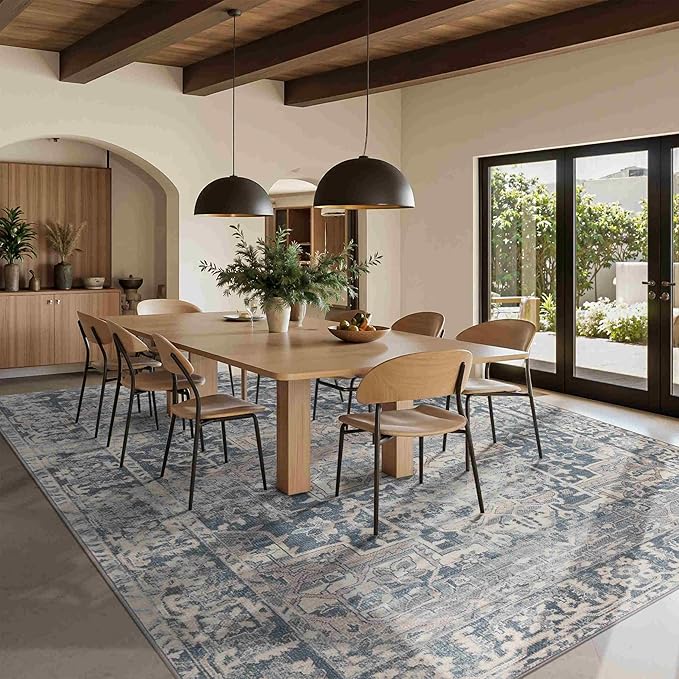 9x12 Area Rugs for Living Room Bedroom, Large Washable Rug, Blue Vintage Retro Boho Rug, Non Slip & Low Pile Faux Wool Thin Carpet for Indoor Dining Room and Kids Room(Blue 9x12ft)