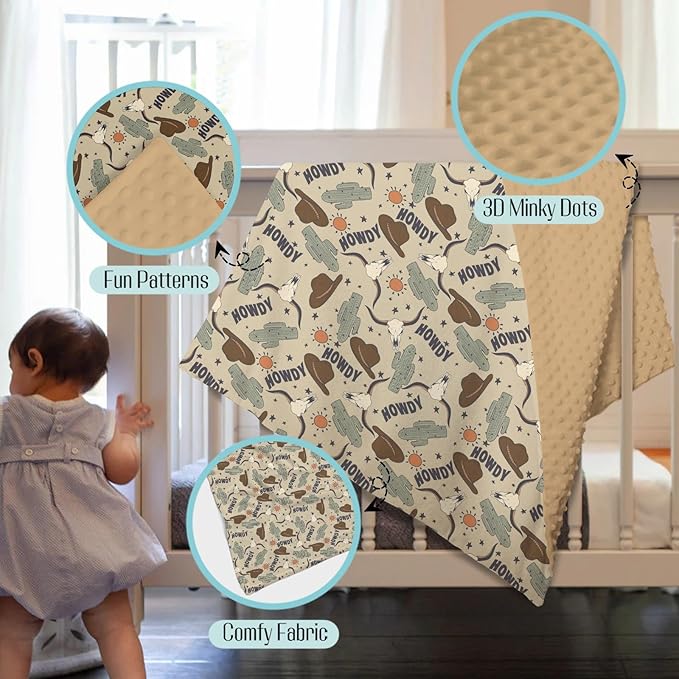 Mink Baby Boy Girl Blanket Western Howdy Cowboy Cowgirl, Boho Cactus Sun Cow Skull Hat Soft Double Layer Dotted Backing Receiving Swaddle, Newborn Infant Toddler Nursery Crib Bedding Shower Gift 30x40