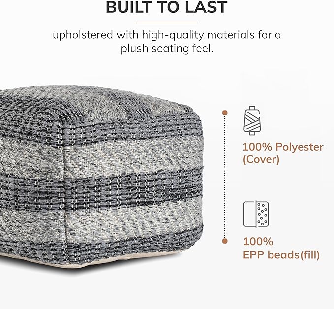 Anji Mountain Pouf Ottoman Foot Rest, Handmade Ottoman Pouf, Comfortable Foot Stool, Decorative Floor Seating for Living Room Decor, Bedroom & Home Décor Accent - Basalt Loom