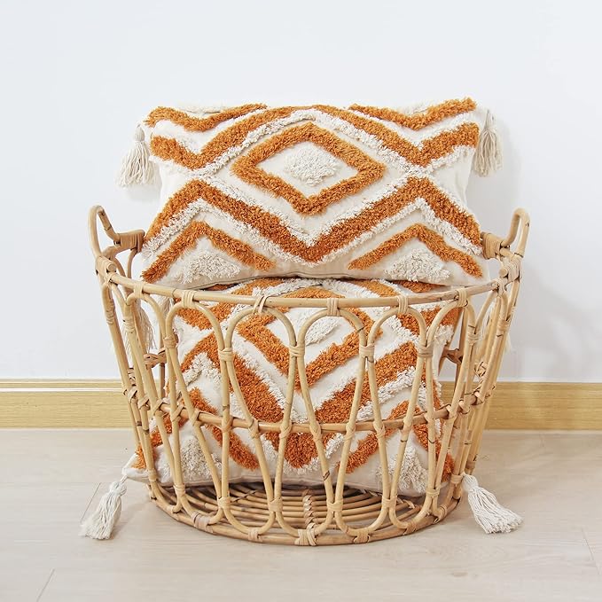 JOJUSIS Boho Lumbar Throw Pillow Covers with Handmade Tassels Decorative Woven Tufted Orange Pillowcase for Couch Bedroom 12 x 20 Inch Orange B