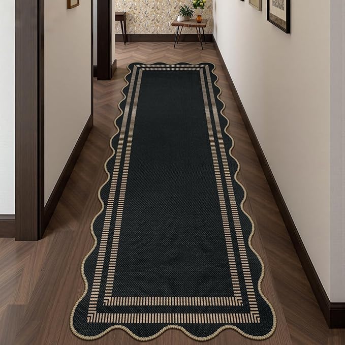 Scalloped Easy Jute Hallway Runner Rug, 2.6x8 Kitchen Non Slip Runner Washable Outdoor Indoor Long Rug, Farmhouse Morden Carpet for Porch Bedroom Laundry