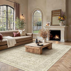 Vintage Area Rug 9x12 Beige Washable Living Room Large Carpet Non Slip Bedroom Indoor Office Low Pile Traditional Distressed Retro Accent Rug for Dining Room