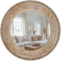 sawsile Round Wood Mirror,24 inch Circle Rustic Farmhouse Natural Wooden Frame Boho Beads Wall Mirror for Bathroom,Living Room,Bedroom or Entryway