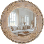 sawsile Round Wood Mirror,24 inch Circle Rustic Farmhouse Natural Wooden Frame Boho Beads Wall Mirror for Bathroom,Living Room,Bedroom or Entryway