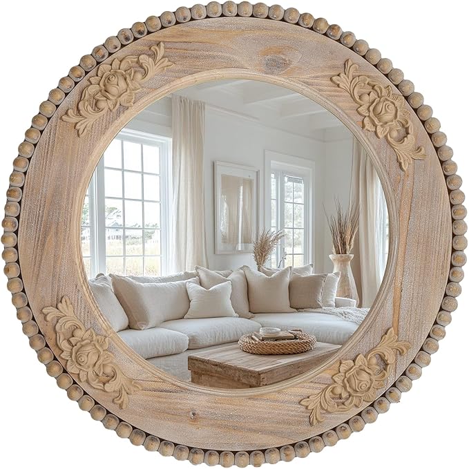 sawsile Round Wood Mirror,24 inch Circle Rustic Farmhouse Natural Wooden Frame Boho Beads Wall Mirror for Bathroom,Living Room,Bedroom or Entryway