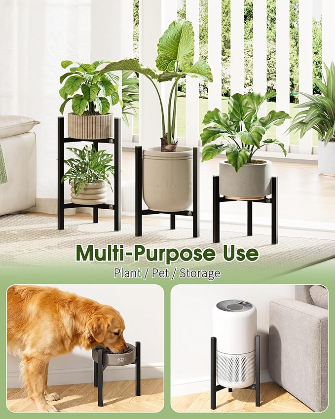 3 Pack Plant Stand Indoor Adjustable, Metal Modern Indoor Plant Stand, Heavy Duty Single Plant Stands Outdoor Corner, Stable Plant Holder Indoor Stand, Fits 8 to 12 Inches Pots, Black