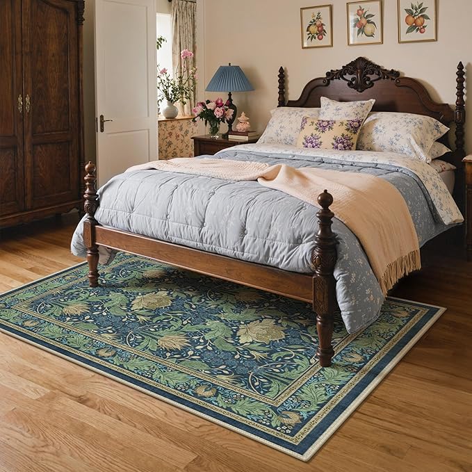 Bavni 5x7 Area Rugs for Living Room, Microfiber Machine Washable Non-Slip Vintage Floral Rug, Low Pile Lightweight Carpet for Bedroom, Dining Room, Home Office, Navy Blue & Sage Green