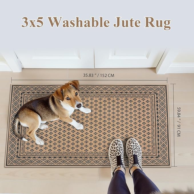 LIVEBOX Easy Jute Indoor Outdoor Rug 3x5 Front Porch, Black Washable Rugs for Entryway, Non Slip Tan Farmhouse Area Rug for Living Room, Carpet Door Mat for Entry Front Door, Patio, Kitchen, Bedroom