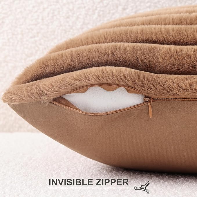 Pallene Faux Fur Plush Throw Pillow Covers 22x22 Set of 2, Luxury Soft Fluffy Striped Decorative Pillow Covers for Sofa, Couch, Living Room, Brown