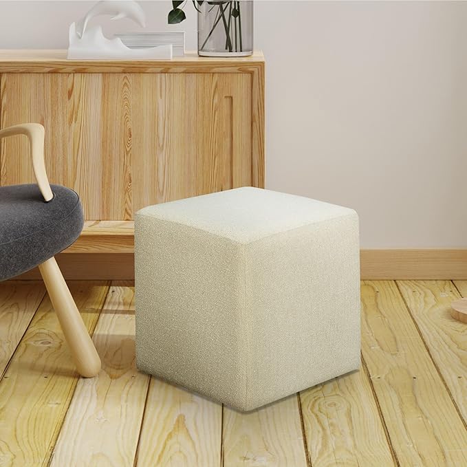 Warren 18" Cube Ottoman, Urban Transitional, Fully Assembled, Soft Boucle Fabric, Snow