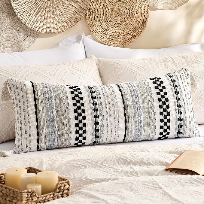 Kevin Textile 14x36 Inch Long Lumbar Pillow Cover 1 Pack Boho Decorative Rectangle Cushion Case Throw Soft Chenille Thread Woven Tufted Textured Farmhouse Accent for Living Room Couch Sofa Bed, Black
