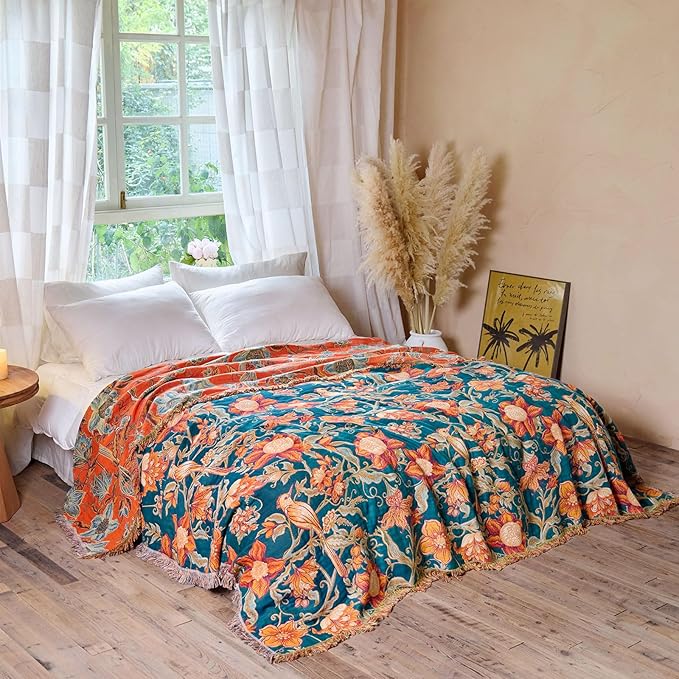 Boho Throw Blanket - 100% Cotton Ultra Soft Muslin Blanket, 60"x80" Lightweight Floral Bird Framhouse Bedding Spring Blanket for Bed, All Season Blue Bohemian Bedroom Home Decor Quilt