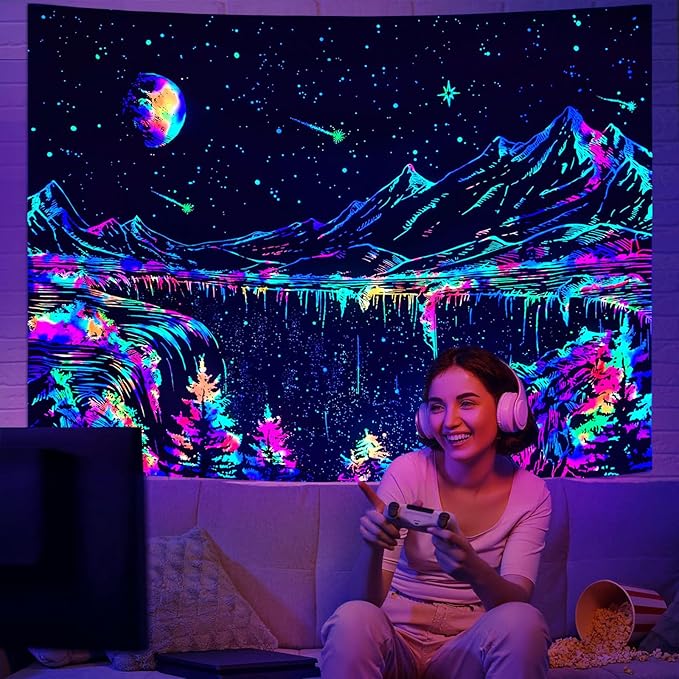 Zussun Blacklight Mountain Tapestry Starry Night Tapestries for Bedroom Aesthetic Moon and Stars Tapastry Wall Hanging Glow in The Dark Nature Forest Wall Tapestry for Living Room Dorm (80'' × 60'')