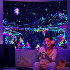 Zussun Blacklight Mountain Tapestry Starry Night Tapestries for Bedroom Aesthetic Moon and Stars Tapastry Wall Hanging Glow in The Dark Nature Forest Wall Tapestry for Living Room Dorm (48'' × 36'')