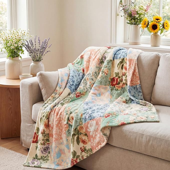 Boho Pastel Floral Throw Blanket Ultra Soft Fleece Patchwork Blanket for Couch and Bed Holiday Theme Cozy Throw Decoration Warm Gift for Spring Summer, 50 x 60 Inches