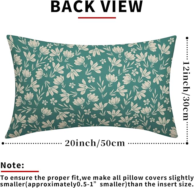 Aqua Pillow Covers 12x20 Set of 2 Vintage Floral Rustic Old Style Cute Flower Print Rectangle Decorative Outdoor Pillowcases Seasonal Farmhouse Throw Cushion Case Couch Sofa Bed Decor