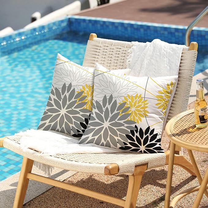 Grey and Yellow black Floral Pillow Covers 20x20 Set of 2 Outdoor Waterproof Decorative Throw Pillows Summer Pillow covers Polyester Cushion Case Decor for Couch Patio Funiture Garden Porch 011C20