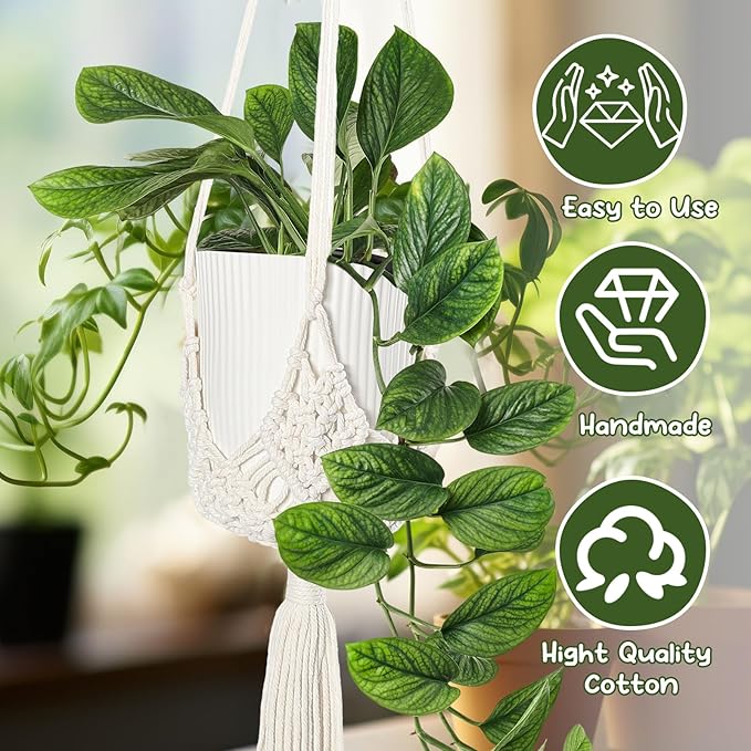4 Packs Macrame Plant Hangers Indoor Crochet Hanging Plant Holder with Tassels Hanging Planters for Indoor Boho Hanger with 4 S Shaped Hooks for Home Decor Window Flower Pot (White)