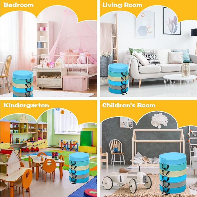 Costzon 6-Piece 15 inch Kids Floor Cushion, 3" Thick Waterproof Daycare Preschool Round Foam Cushion with Handle for Toddlers, Soft Flexible Seating for Classroom, Home, Kindergarten or Nursery