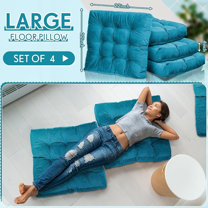 Jerify Floor Pillow Cushions Large Round Square Large Meditation Floor Pillow for Classroom Adult Meditation Picnic Party Seating Learning Daycare School(Square,Blue,4 Pcs)