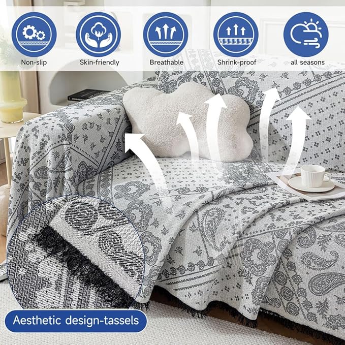 ROOMLIFE Black Couch Covers for Sofa, Sofa Covers Washable Non Slip Furniture Protector Couch Sofa Covers for 3 Cushion Couch, Breathable Sofa Slipcovers Couch Cover Blanket with Tassels 71" X 134"