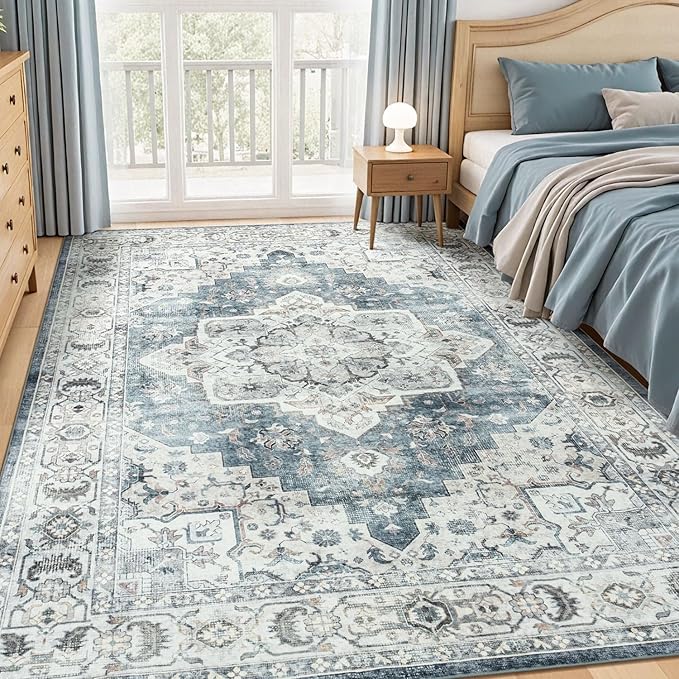 Lessymo Large Area Rugs for Living Room, Soft 6x9 Washable Rug for Bedroom Dining Room Nursery Room Farmhouse, Boho Non Slip Low Plie Carpet Vintage Floral Design, Blue Grey/Beige