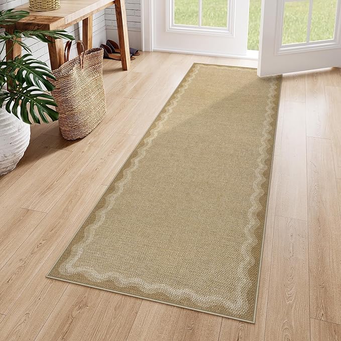 LIVEBOX Scalloped Washable 2x6 Kitchen Runner Rug, Easy Jute Geometric Tan Rug for Entryway, Indoor Outdoor Non Slip Rugs Farmhouse Modern Carpet Door Mat for Porch Bedroom Laundry Room Hallway
