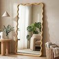 Wavy Mirror for Wall, 55"x28" Boho Wavy Wood Mirror Large Full Length Decorative Mirror with Tempered Glass, Natural Wooden Frame Vanity Mirror for Bedroom, Living Room, Entryway