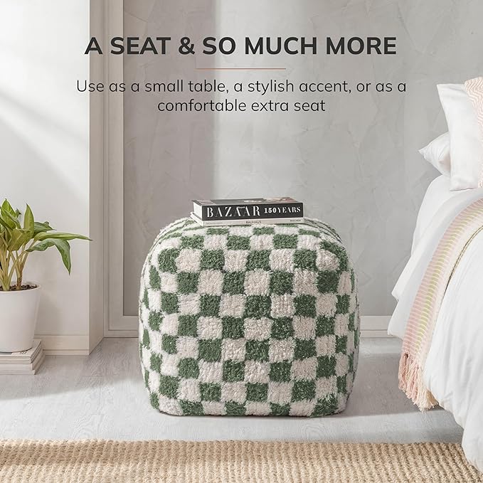 Anji Mountain Pouf Ottoman Foot Rest, Handmade Ottoman Pouf, Comfortable Foot Stool, Decorative Floor Seating for Living Room Decor, Bedroom & Home Décor Accent - Sage Checker