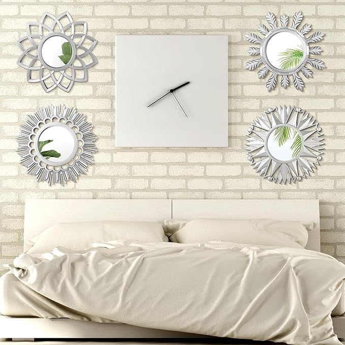 Dandat Set of 4 Gold Mirrors for Wall Decor Small Circle Flowers Mirrors Decorative Silvery Hanging Wall Art Flowers Mirror for Home Living Dinning Room Bedroom Bathroom Boho Art Gifts (Silvery)