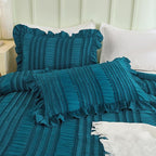 WONGS BEDDING Teal Comforter Set King,3 Pieces Ruffle Farmhouse Shabby Chic Comforter for King Bed,Soft Textured Boho Bedding Set with 1 Ruffle Comforter,2 Tufted Pillowcases 104"×90"