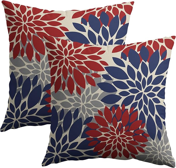 4th of July Pillow Covers 18X18 Inch Set of 2, Patriotic Blue Red Grey Modern Dahlia Floral Print Holiday Decorative Throw Pillow Covers Outdoor Farmhouse Cushion Case for Couch Sofa Bed Decor