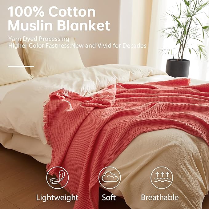 Simple&Opulence Cotton Muslin Throw Blanket 4 Layers for Bed, Couch, Woven Gauze Blanket with Tassels, Soft Lightweight Cozy Pre-Washed Breathable Farmhouse Decoration for All-Season(Coral)