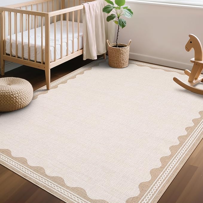 GarveeHome Scalloped Washable Rugs 5x7 Rug for Living Room, 5 x 7 Rug Solid Beige Modern Low-Pile Carpet for Bedroom Dining Nursery Non Slip Mat with Rubber Back