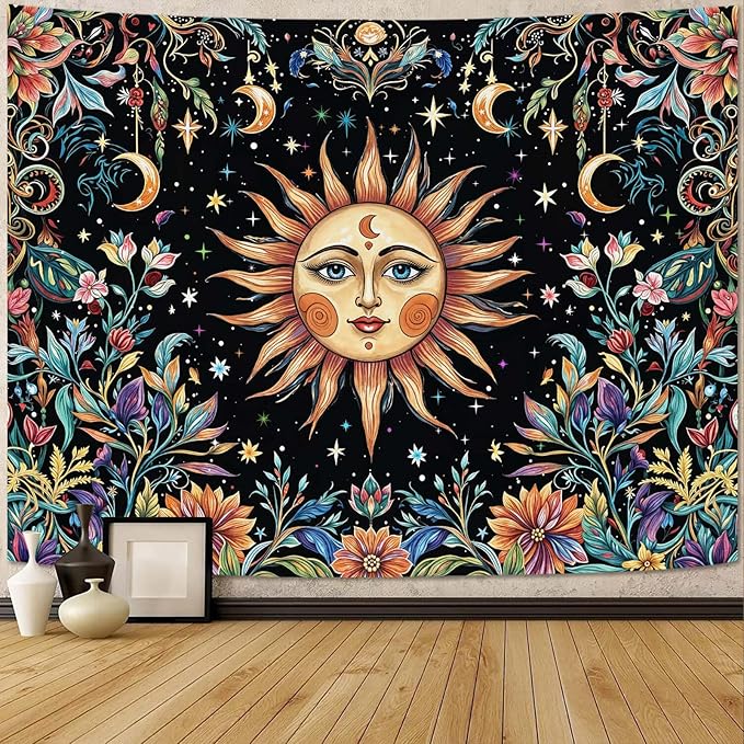 Aipon Sun and Moon Tapestry Hippie Boho Floral Wall Tapestry for Bedroom Aesthetic Colorful Flowers Vintage Celestial Botanical Plant Large Tapestries Wall Hanging for Living Room Dorm 80 x 60 Inch