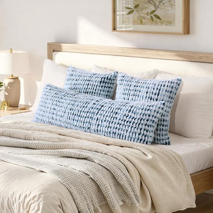 Boho Chenille Tufted Pillow Cover 14x36 Inch Set of 1, Farmhouse Striped Decorative Pillow Covers Accent Fluffy Neutral Long Body Bolster Pillow for Couch Sofa Bedroom Living Room, Blue White