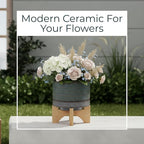Dotted Decorative Planter Pot with Wood Stand – Ceramic Stoneware Outdoor & Indoor Plant Pot with Drainage Holes – Modern Garden & Home Decor Ceramic Planters & Bamboo Wood – 8", Sage Green