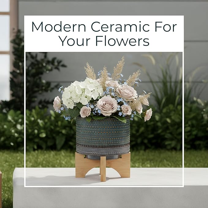 Dotted Decorative Planter Pot with Wood Stand – Ceramic Stoneware Outdoor & Indoor Plant Pot with Drainage Holes – Modern Garden & Home Decor Ceramic Planters & Bamboo Wood – 8", Sage Green