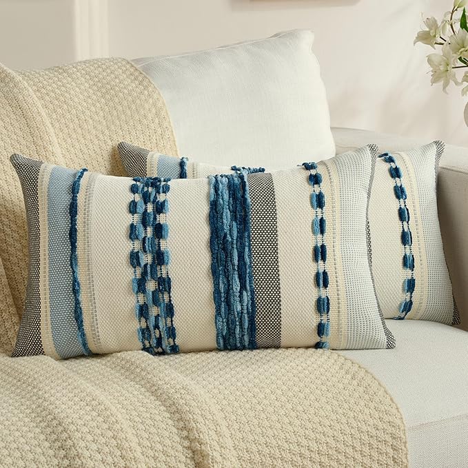 FUTEI Blue Decorative Throw Pillow Covers 12x20 Inch Set of 2, Soft Tufted Striped Textured Accent Pillow Case,Boho Pillows for Couch Decor