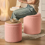 Round Ottoman with Storage Set of 2 - Upholstered Sherpa Vanity Stool for Makeup Multifunctional Ottomans Coffee Table Padded Seat Foot Rest for Living Room & Bedroom (Sherpa Pink)