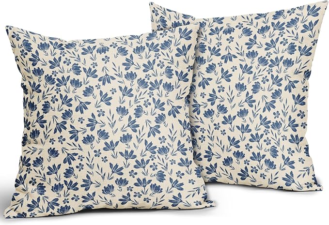 Blue Floral Pillow Covers 18x18 Set of 2 Vintage Rustic Old Style Cute Small Flower Blue Cream Print Decorative Outdoor Pillowcases Farmhouse Throw Cushion Case Decor for Couch Sofa Bed