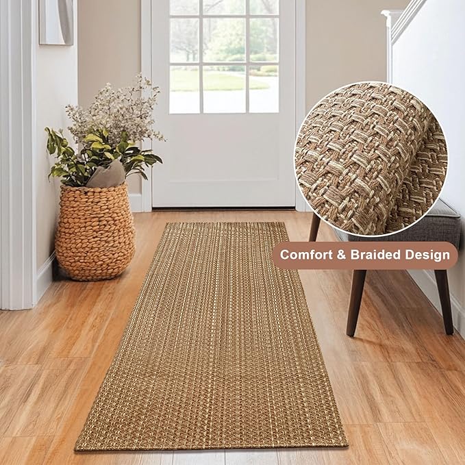 Entryway Rug 2x4 ft,Boho Small Area Rug,Washable Neutral Braided Rug,Solid Faux Jute Rug with Rubber Backing for Bedroom,Kitchen,Front Doors,Tan Brown