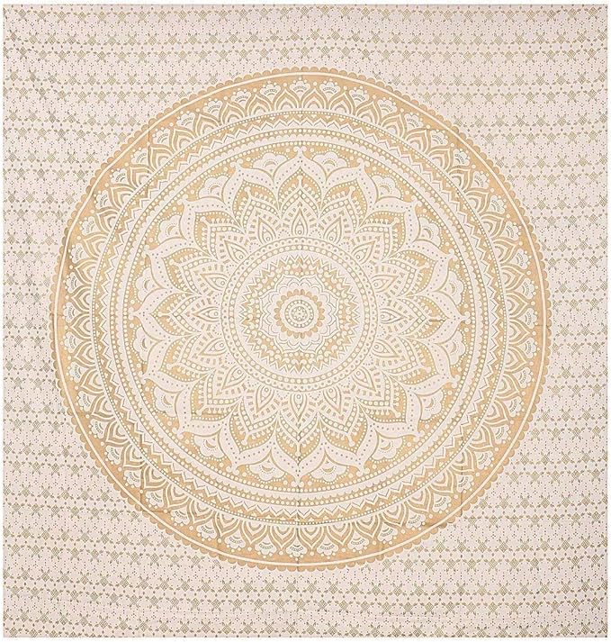 ANJANIYA Ombre Wall Hanging Bohemian Tapestry, Metallic Wall Art Bedspread, Psychedelic Hippie Mandala Dorm Décor for Hanging, Bedding, Beach Coverlet Curtain, Gold 85"X90"
