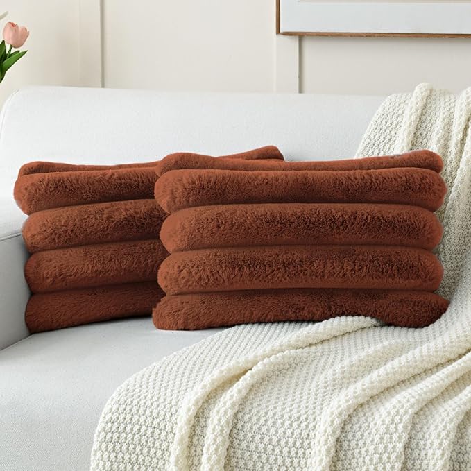 FUTEI Rust Decorative Throw Pillow Covers 12x20 Inch Set of 2, Square Soft Faux Rabbit Fur Big Striped Cushion Cover,Home Decor for Couch Sofa Bed Living Room
