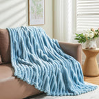NEWCOSPLAY Super Soft Twin Blanket Blue Premium Silky Flannel Fleece 3D Ribbed Jacquard Lightweight Bed Blanket All Season Use (Blue Ribbed, Twin(60"x80"))