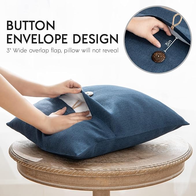 Phantoscope Pack of 2 Farmhouse Throw Pillow Covers Button Vintage Linen Decorative Pillow Cases for Couch Bed and Chair Navy Blue 18 x 18 inches 45 x 45 cm