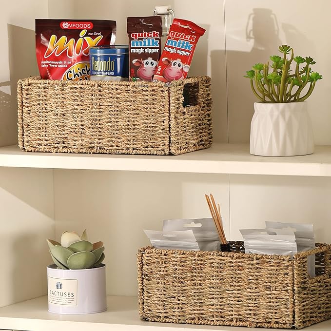 Vagusicc Wicker Storage Basket, Set of 2 Hand-Woven Storage Baskets for Organizing, Small Wicker Basket for Toilet Paper, Foldable Large Cube Storage Organizer Basket Bins for Shelves (Sea Grass)