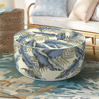 Inflatable Ottoman Stool D21 xH9 for Outdoor/Indoor Use, Water Repellent Patio Foot Rest with Portable Handle,Round Pouf Ottoman Suitable for Garden,Deck and Camping-Lush Palm Blue